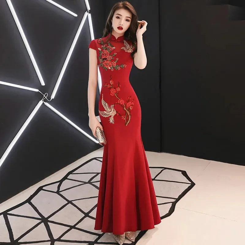 Embroidery Chinese Traditional Plus Size 3XL Vestidso Cheongsam Elegant Bride Wedding Party Dress Mermaid Sexy Long Qipao S-180 Tunics Trousers formal