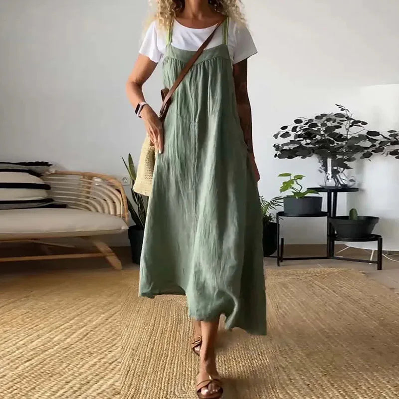 LIZAKOSHT  -  High Fashion Loose Cotton And Linen Dress Summer New Lady Solid Color Casual Sleeveless Elegant Commute Versatile Party Dresses Tunics Short Trendy