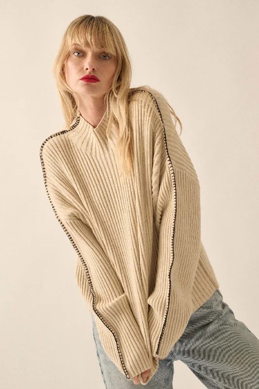Stitch It Up Ribbed Knit Exposed-Seam Sweater Wool Fabric Cashmere Fabric Tweed Fabric