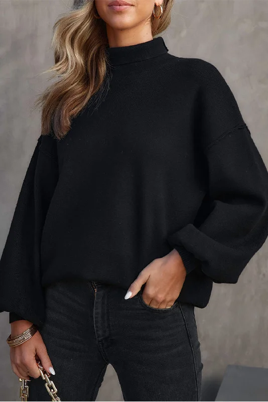 Turtleneck Drop Shoulder Bubble Sleeve Knit Sweater Chenille Blend Fleece Blend Nylon Blend