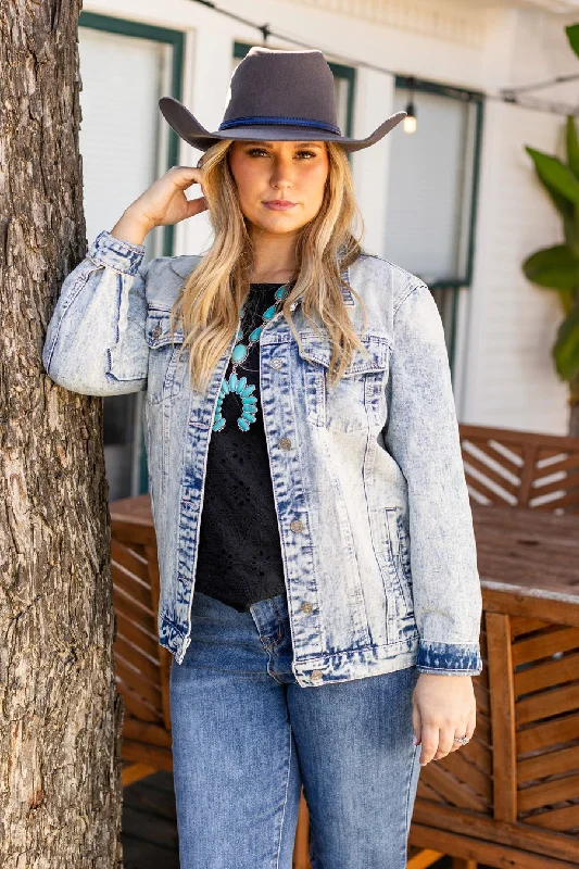 Acid Wash Jean Jacket Front Pockets Side Pockets Patch Pockets