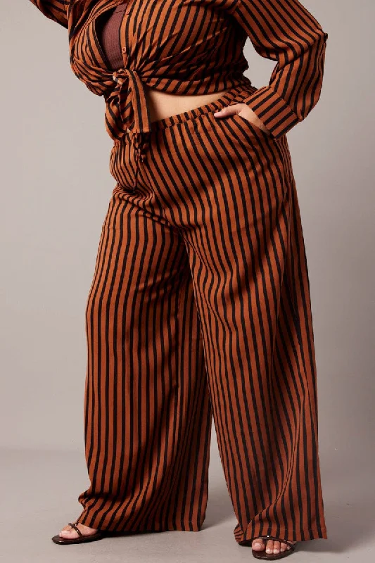 Brown Stripe Wide Leg Pants High Rise Chic Slim Fit Pants