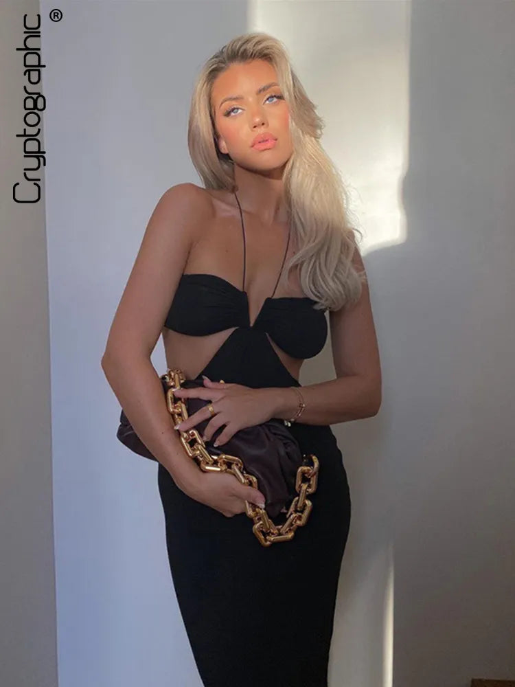 Cryptographic 2022 Summer Spaghetti Strap Halter Sexy Backless Maxi Dress Elegant Bandage Sleeveless Club Party Dresses Bodycon Lace Sexy Club