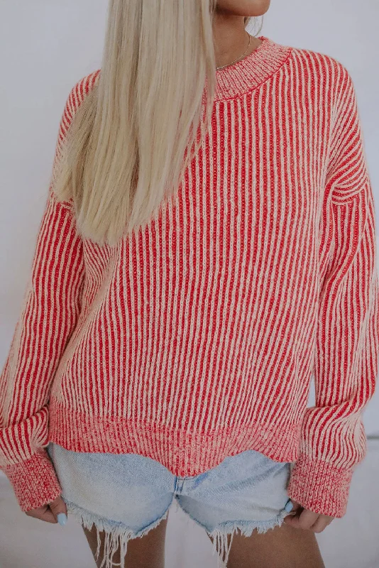 Striped Print Ribbed Trim Round Neck Sweater High Neck Crew Neck V-Neck