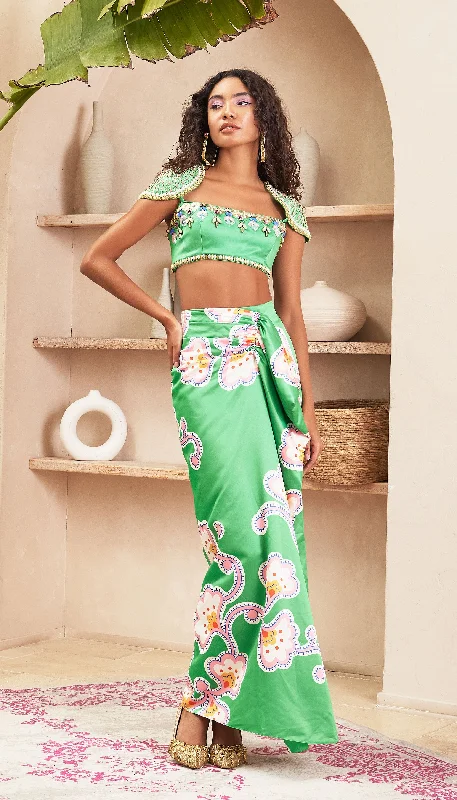 Emberly - Green Draped Skirt & Top with Shoulder Caps lace skirt intricate