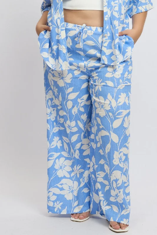 Blue Abstract Drawstring Waist Wide Leg Linen Blend Pants Relaxed Fit Trousers