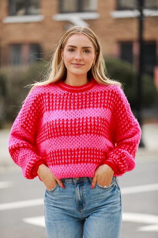 Always In Your Heart Pink Striped Oversized Sweater Spandex Blend Rayon Blend Denim Blend