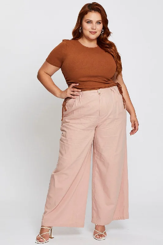 Pink High Waist Wide Leg Pant Elegant Wool Trousers