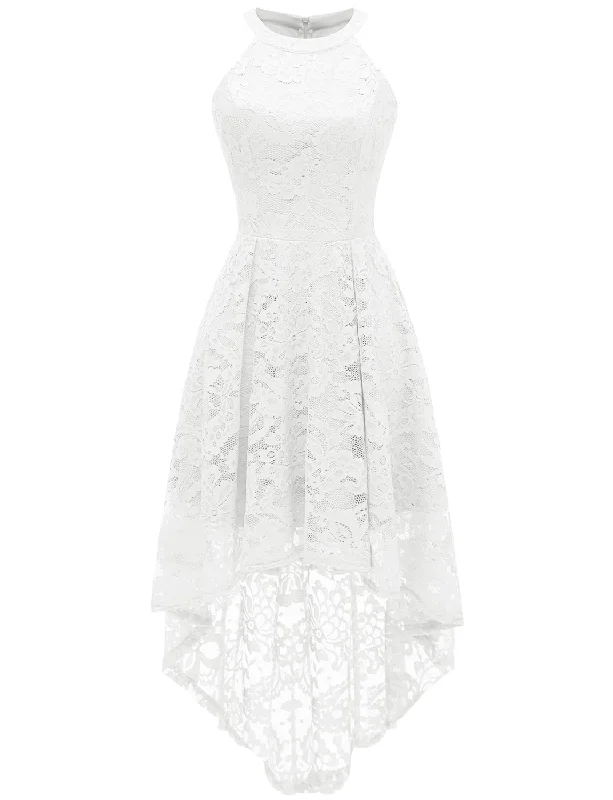 Dressystar 0028 Halter Floral Lace Cocktail Party Dress Hi-Lo Bridesmaid Dress White S Peplum Ruffle Cocktail