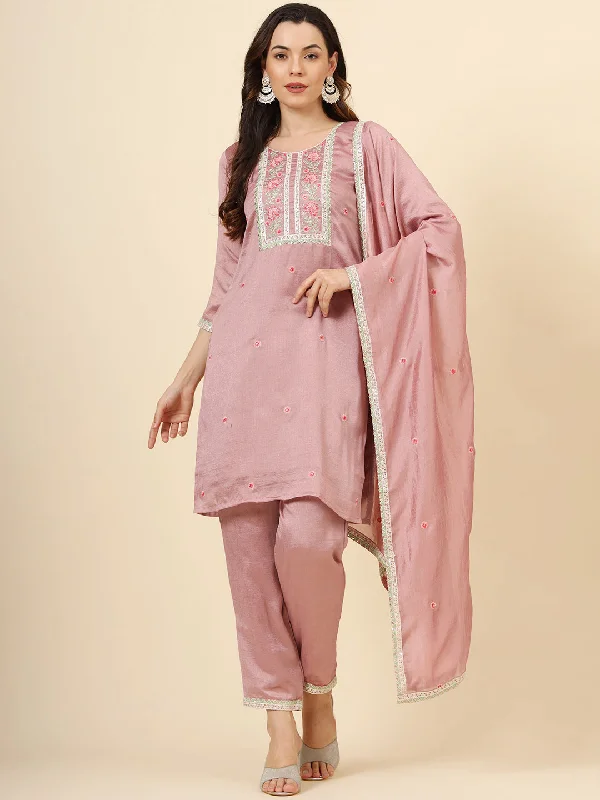 Pink Designer Readymade Pant Suit With Designer Embroidery Work Cozy Full-Length Pants