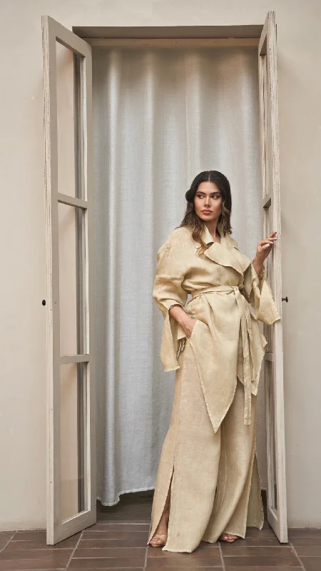 Sofia Pure Linen Side-Slit Pants Comfy Zip-Up Pants