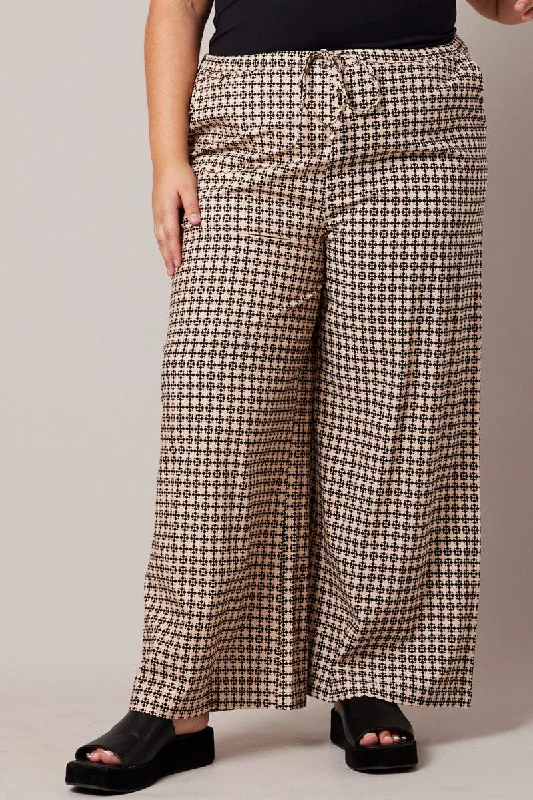 Brown Geo Wide Leg Pants High Rise Stylish Elastic Waist Pants