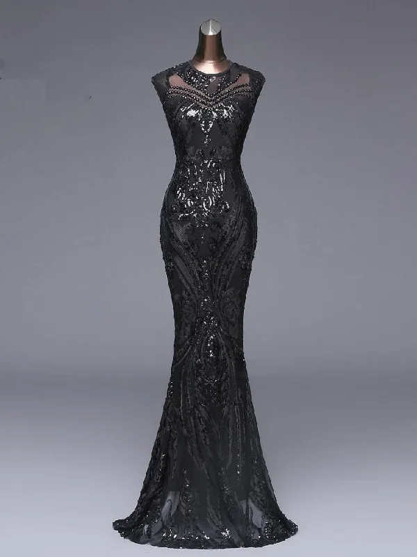 Elegant Long black Sequin Evening Dress Long Prom Gowns Formal Party dress Cap Sleeve Mermaid dress Tunics Modern contemporary