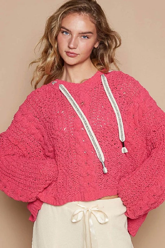 POL Cable Knit Hooded Chenille Sweater Fitted Slim Tailored