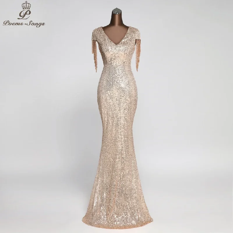 Elegant Sequin Evening dresses party dresses robe de soiree vestidos evening gowns vestido longo festa vintage dress Tunics Solid Classic