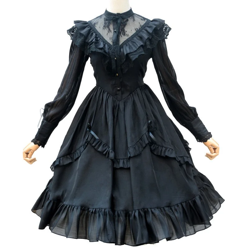 Vintage Long Sheer Sleeve Casual Dress Lace Ruffled Illusion Neck Midi Gothic Party Dress A-Line Day Work