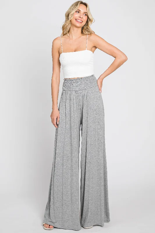 Grey Smocked Waist Flowy Pants Casual Sweatpants Style