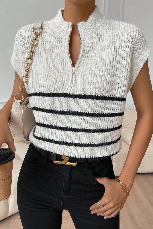 White Stripe Half Zip Split Stand Neck Sweater T-shirt Layered Multi-layer Single Layer