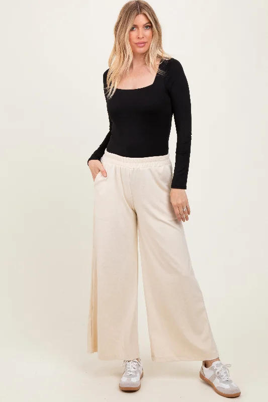 Cream Brushed Knit Wide Leg Pants Formal Dress Pants