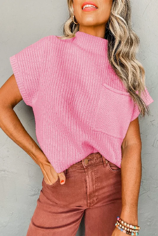 Patch Pocket Ribbed Knit Short Sleeve Sweater Layered Multi-layer Single Layer