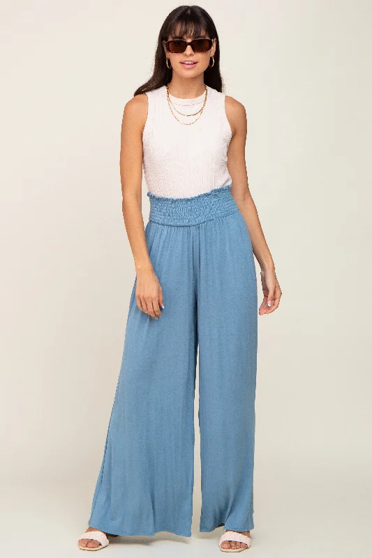 Blue Smocked Waist Flowy Pants Cozy Knit Pants