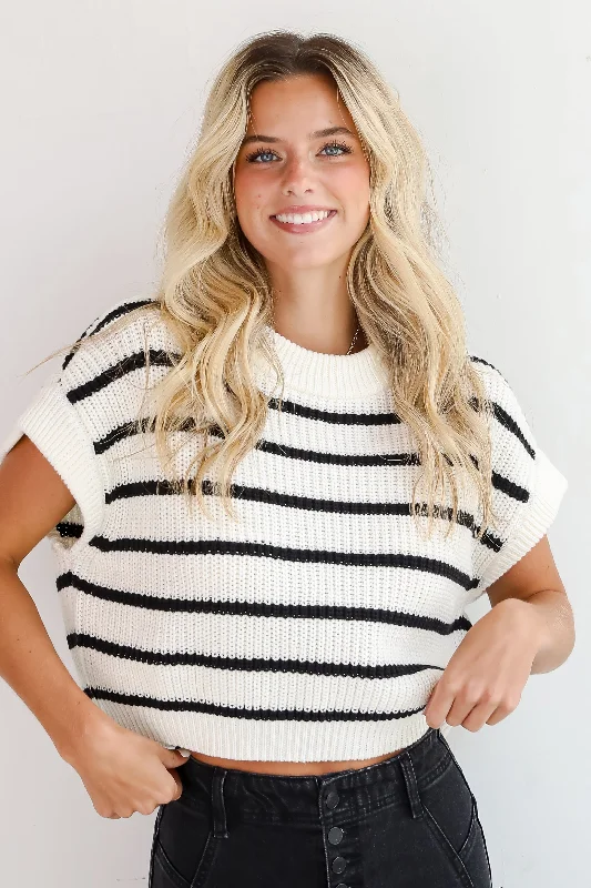 Covetable Simplicity Cream Striped Sweater Top Open Front Closed Front Wrap Front