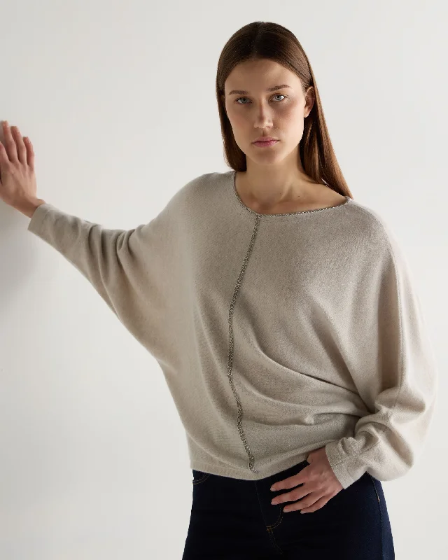Women's Metal Trim Batwing Cashmere Sweater Pebble Grey Toggled Drawstring Belted