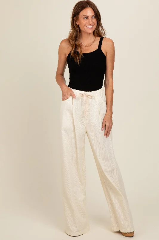 Ivory Drawstring Wide Leg Pants Comfortable Denim Trousers