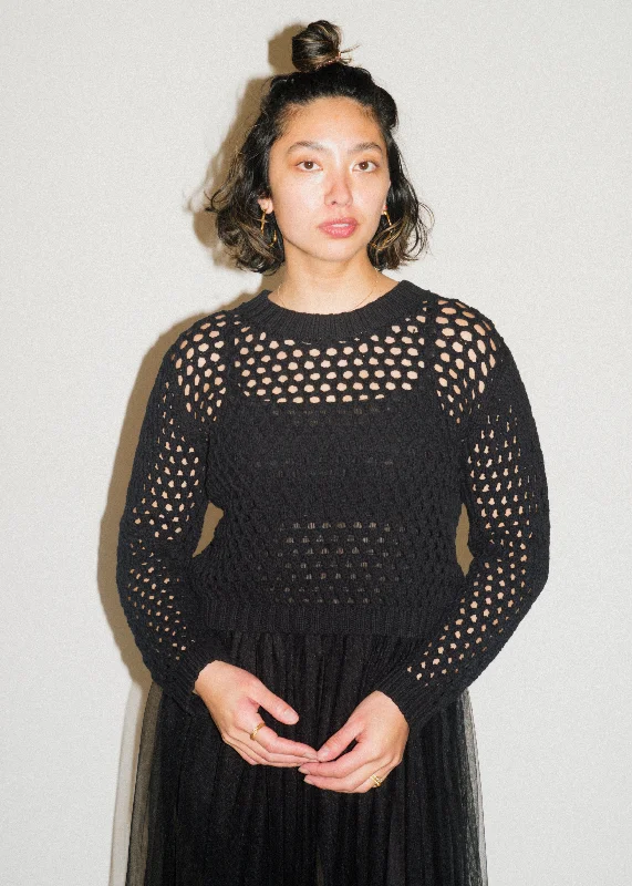 Black Open Knit Sweater Embroidered Appliqued Beaded