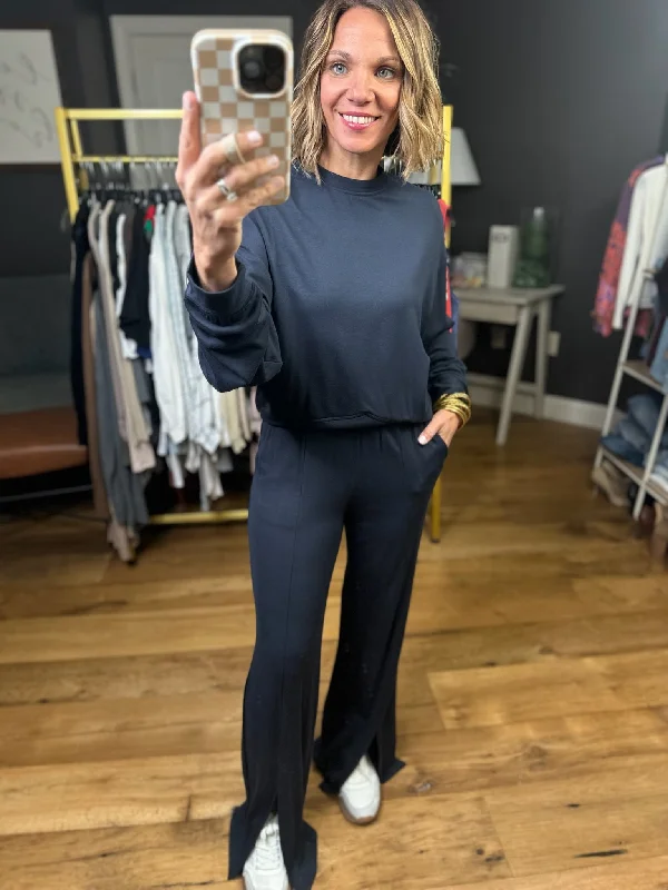The Kelsey Split Hem Pant + Crew Top Set - Navy Relaxed High-Waist Trousers