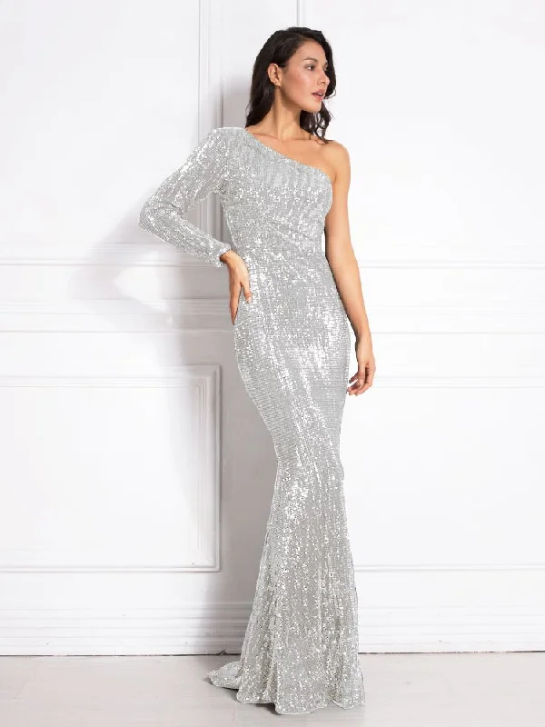 One Shoulder Sequin Night Gown Evening Party Dress Bodycon Floor Length Backless Autumn Luxury Stretchy Mermaid Maternity Dress Pencil Length Work