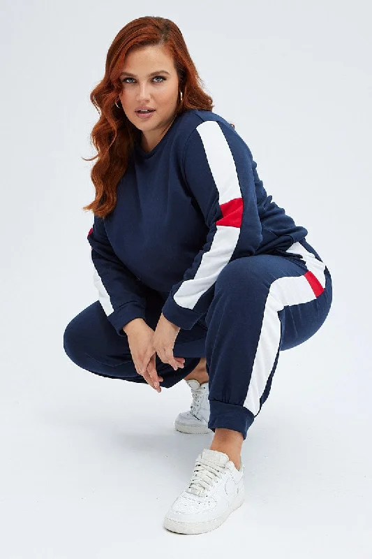 Multi Track Pants Contrast Elastic Waist Relaxed Trendy High-Waist Trousers