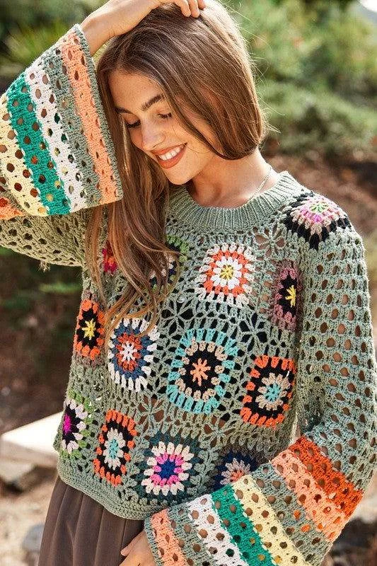 Davi & Dani Floral Crochet Striped Sleeve Cropped Knit Sweater Velvet Chenille Corduroy