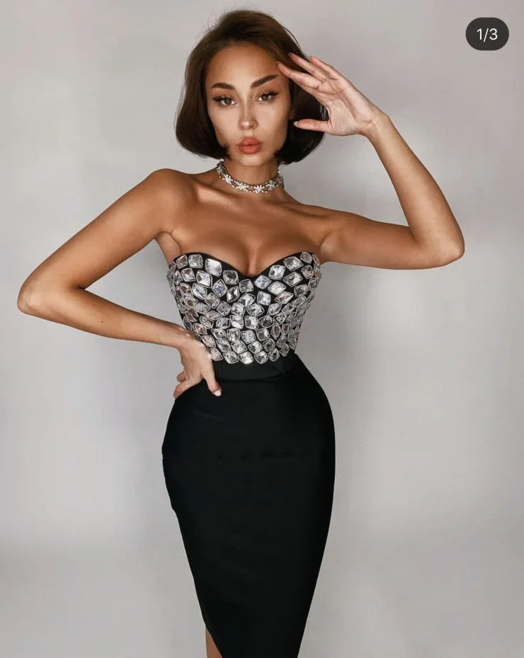 3 Colors Ladies HL Bandage Dress Sexy 2 Pieces Set Fashion Bodycon Midi Dress Nightclub Party Dress Vestido High Quality Turtleneck Neckline Stylish