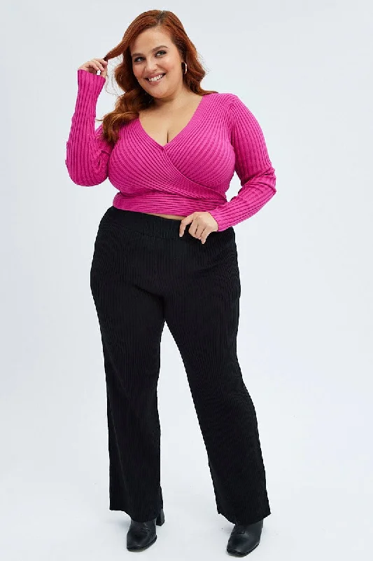 Black Knit Pants Rib Wide Leg Elastic Waist Full Length Formal Stretch Pants