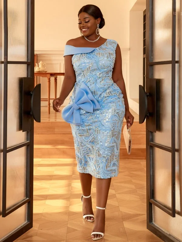 AOMEI Bowtie Asymmetrical Sequin Party Dress Midi Off-the-shoulder Chic Trendy