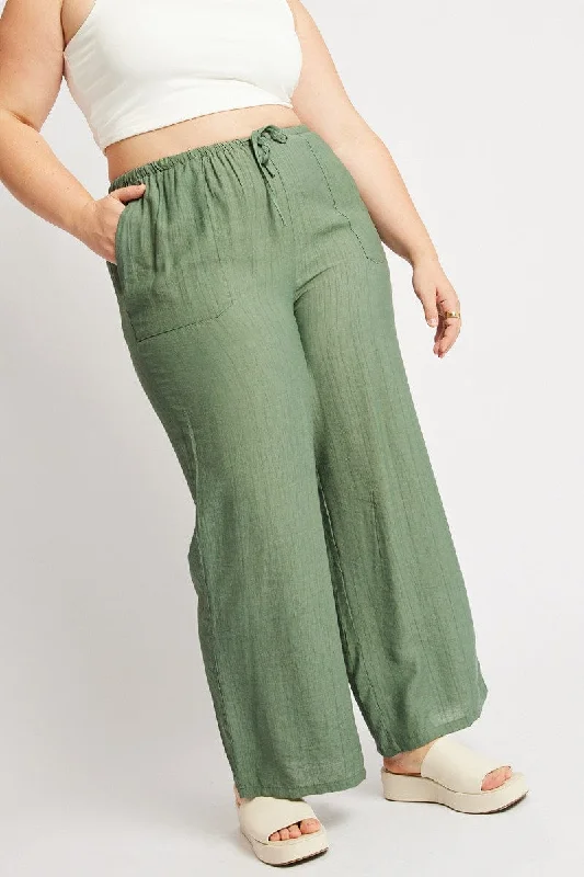 Green Drawstring Waist Wide Leg Textured Pants Casual Drawstring Pants