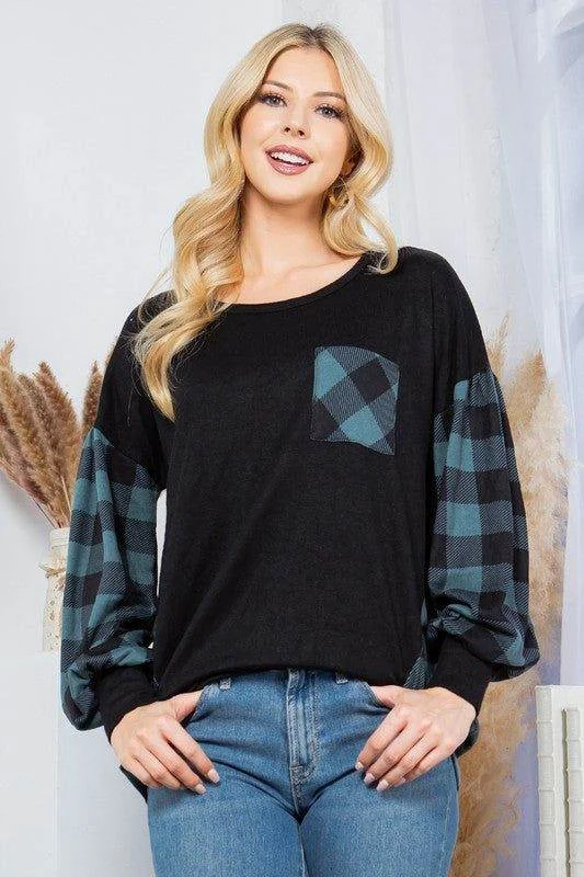 Plaid Contrast Bell Sleeve Sweater Knit Mesh Blend Leather Blend Suede Blend