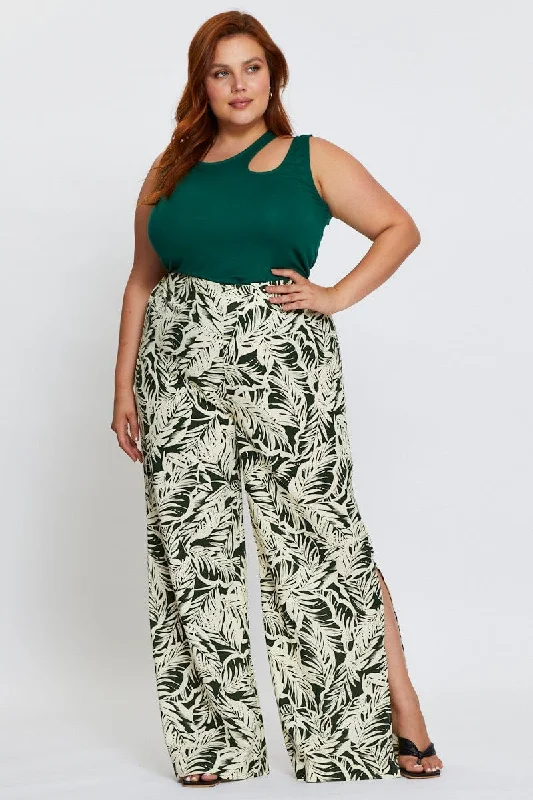 Trop Print Wide Leg Pants High Rise Waist Tie Elegant Palazzo Trousers