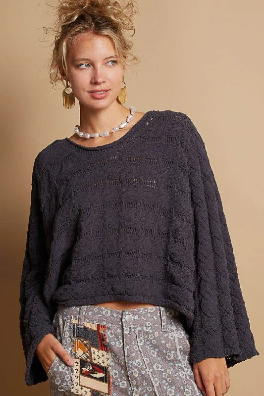 POL Round Neck Cable Knit Cropped Sweater In Charcoal Soft Cozy Warm