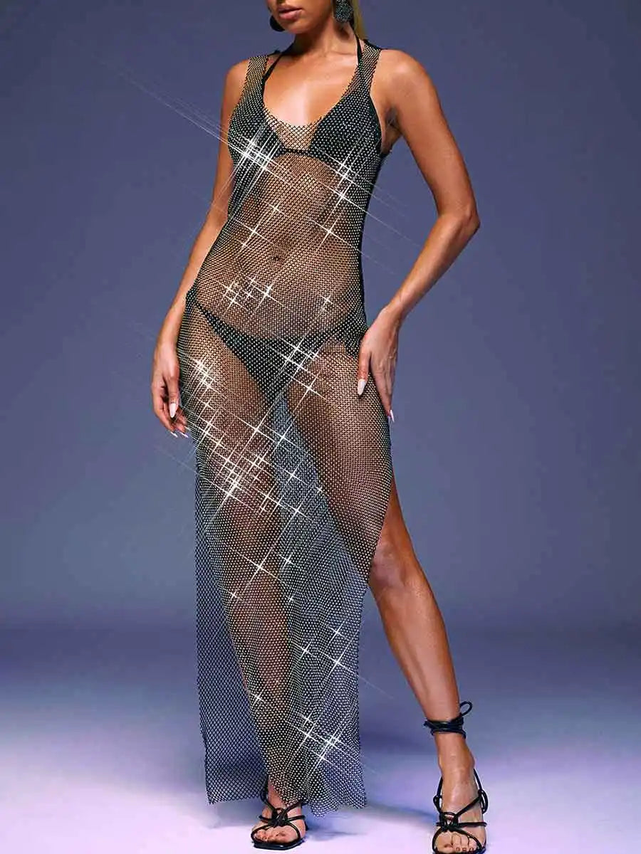 Black Mesh Rhinestone Maxi Party Dress Tunics Travel practical