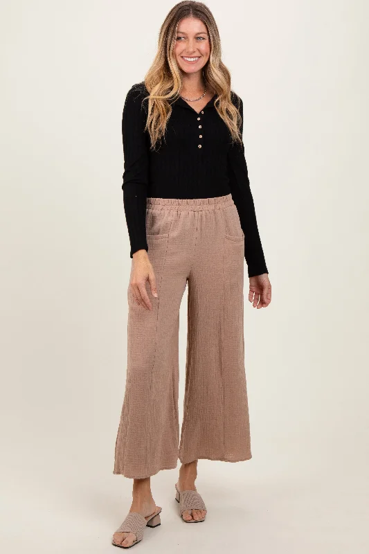Light Taupe Cotton Gauze Wide Leg Pants High-Waist Yoga Pants