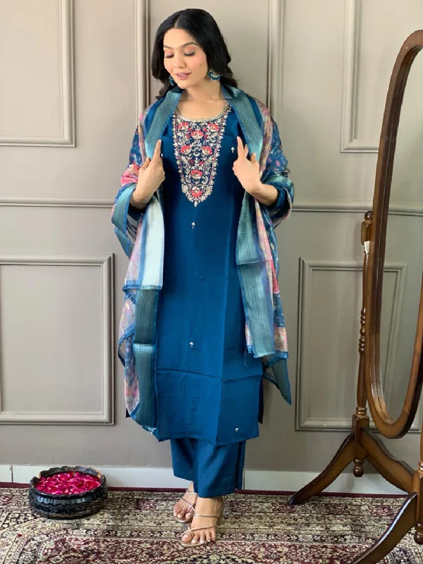 Teal Blue Attractive Looking Readymade Pant Suit With Printed Embroidery Work Comfortable Wide-Leg Pants