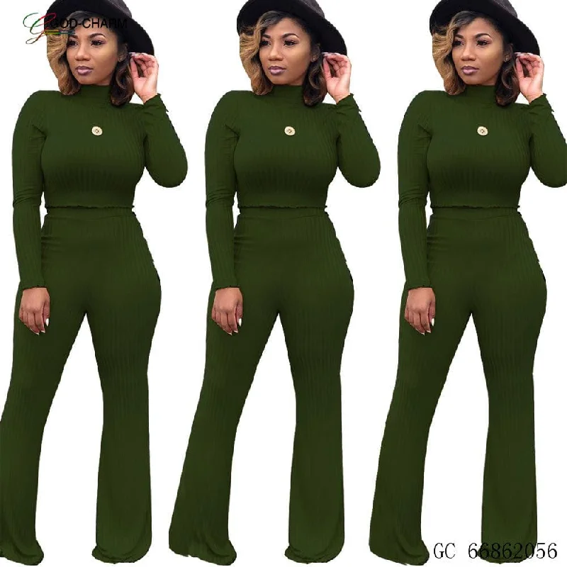 YH-66862056 Wholesale high stretch fabric long sleeve jacket and bell bottom trousers two piece for women African clothing new fashion Cotton Fabric Linen Fabric Terry Fabric