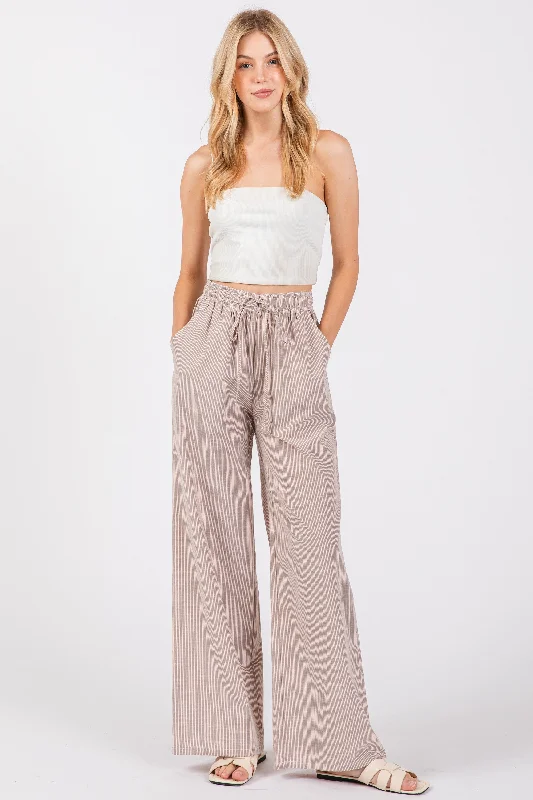 Light Taupe Striped Drawstring Wide Leg Pants Comfortable Maternity Pants