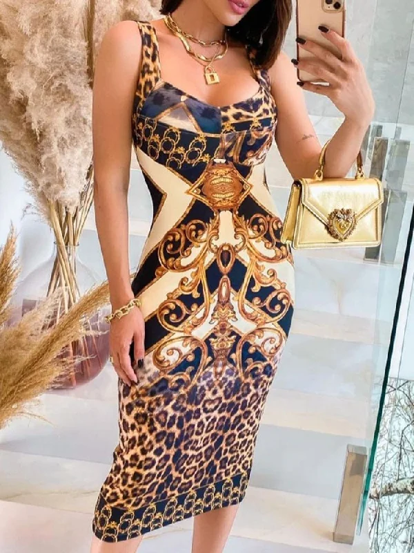S-XL Summer Woman Sexy Fashion Sleeveless Cheetah Scarf Print Colorblock Midi Dress Yellow Leopard Tank Tight Party Dress Club Pleated Skirt Elegant