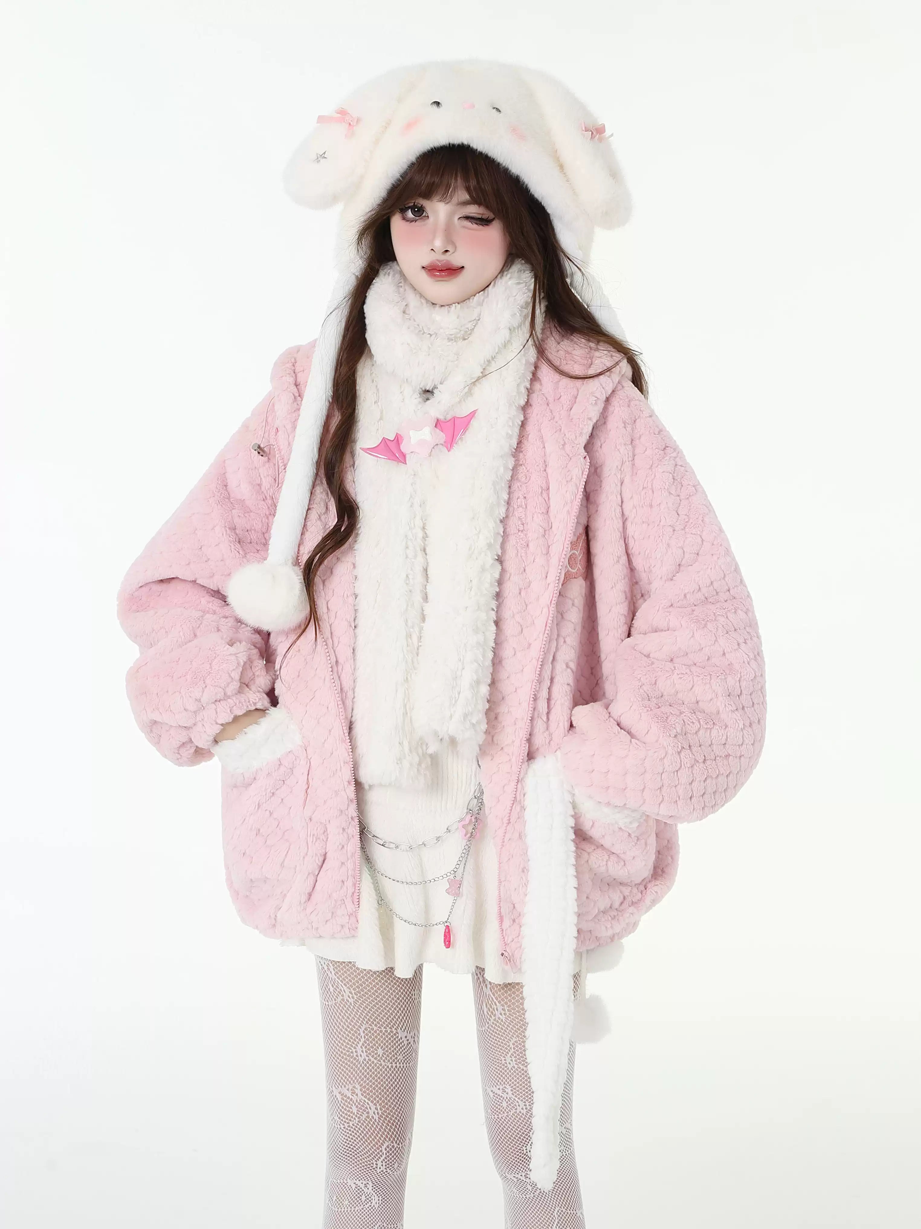 Poko Poko Fabric Pocket Loose Jacket with Rabbit Ears Hood CRA0098 Rayon Jacket Velvet Jacket Corduroy Jacket