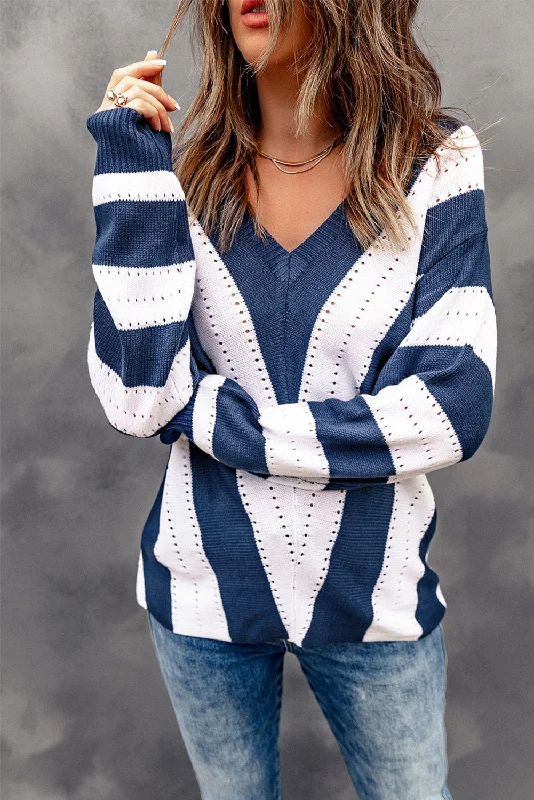 Blue Colorblock V Neck Striped Knit Sweater Real Fur Shearling Chenille