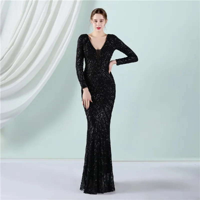 Stretch Black Sequin Maxi Dress Full Sleeve V Neck Mermaid Stripes Evening Night Long Party Dress Tunics Timeless classic
