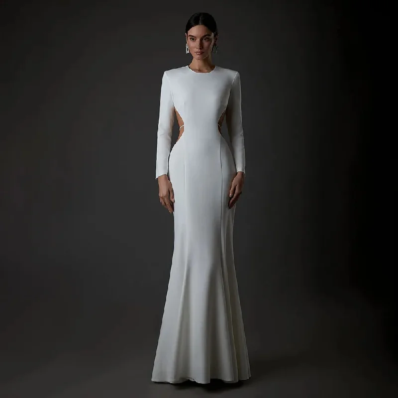 Long Sleeve Sexy Backleess Satin Party Dress Floor Length White Color Evening Party Maxi Celebrity Dress Tunics Versatile stylish